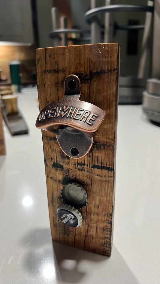 Magnetic Bottle Opener, hand-crafted from Whiskey Barrel staves.