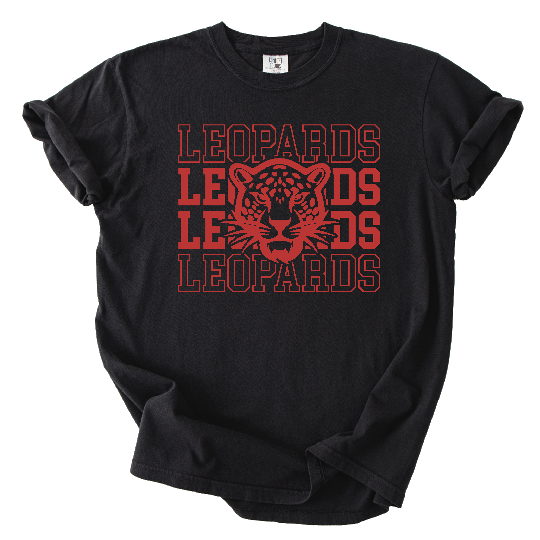 Black t-shirt with red 'LEOPARDS' text and leopard graphic on a white background
