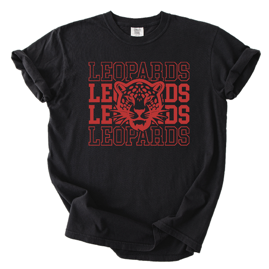 Black t-shirt with red 'LEOPARDS' text and leopard graphic on a white background