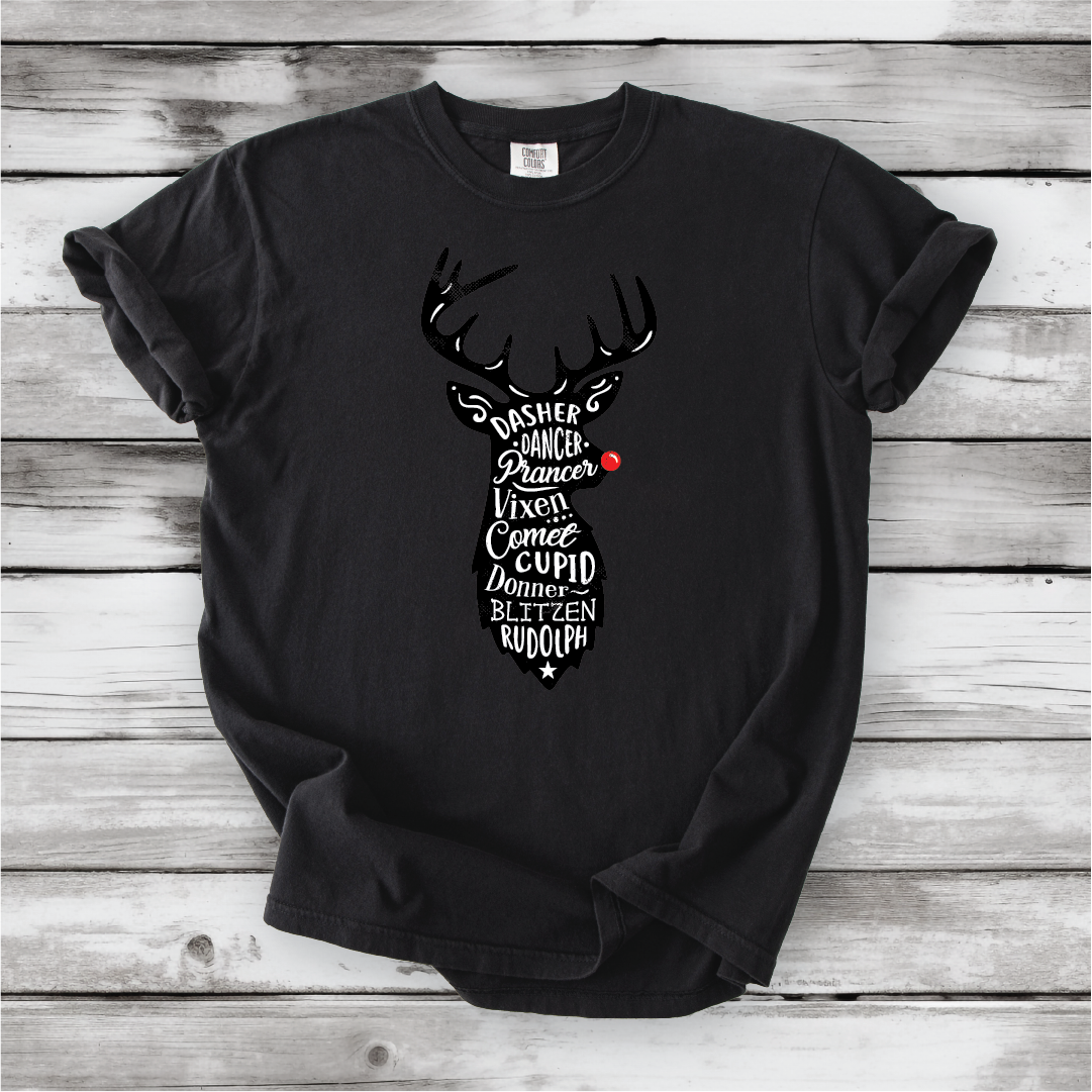Cute Santa's Reindeer Shirt, Festive Holiday Apparel with all of Santa's Reindeer, Perfect gift for Christmas - Comfort Colors