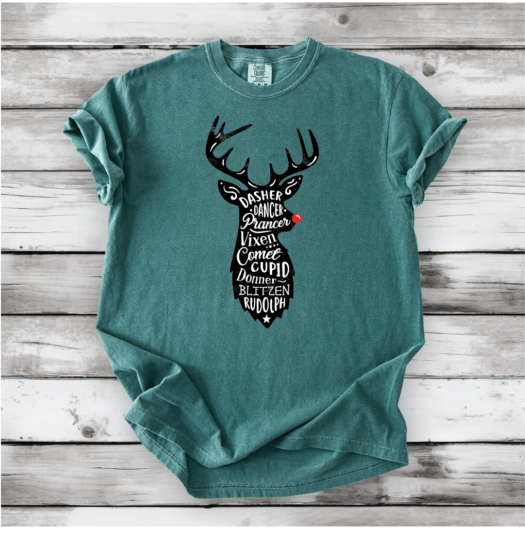 Cute Santa's Reindeer Shirt, Festive Holiday Apparel with all of Santa's Reindeer, Perfect gift for Christmas - Comfort Colors