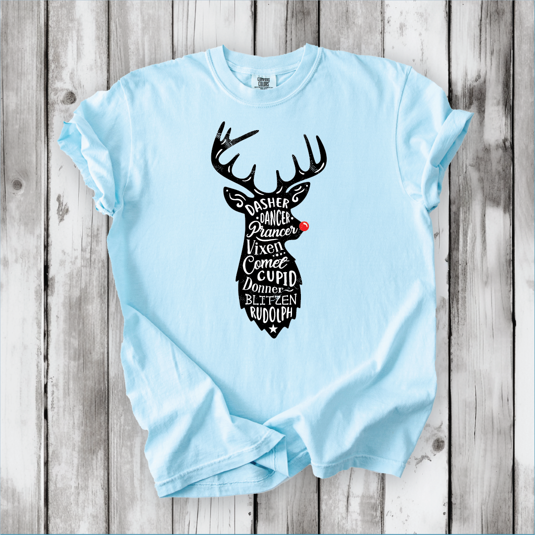 Cute Santa's Reindeer Shirt, Festive Holiday Apparel with all of Santa's Reindeer, Perfect gift for Christmas - Comfort Colors