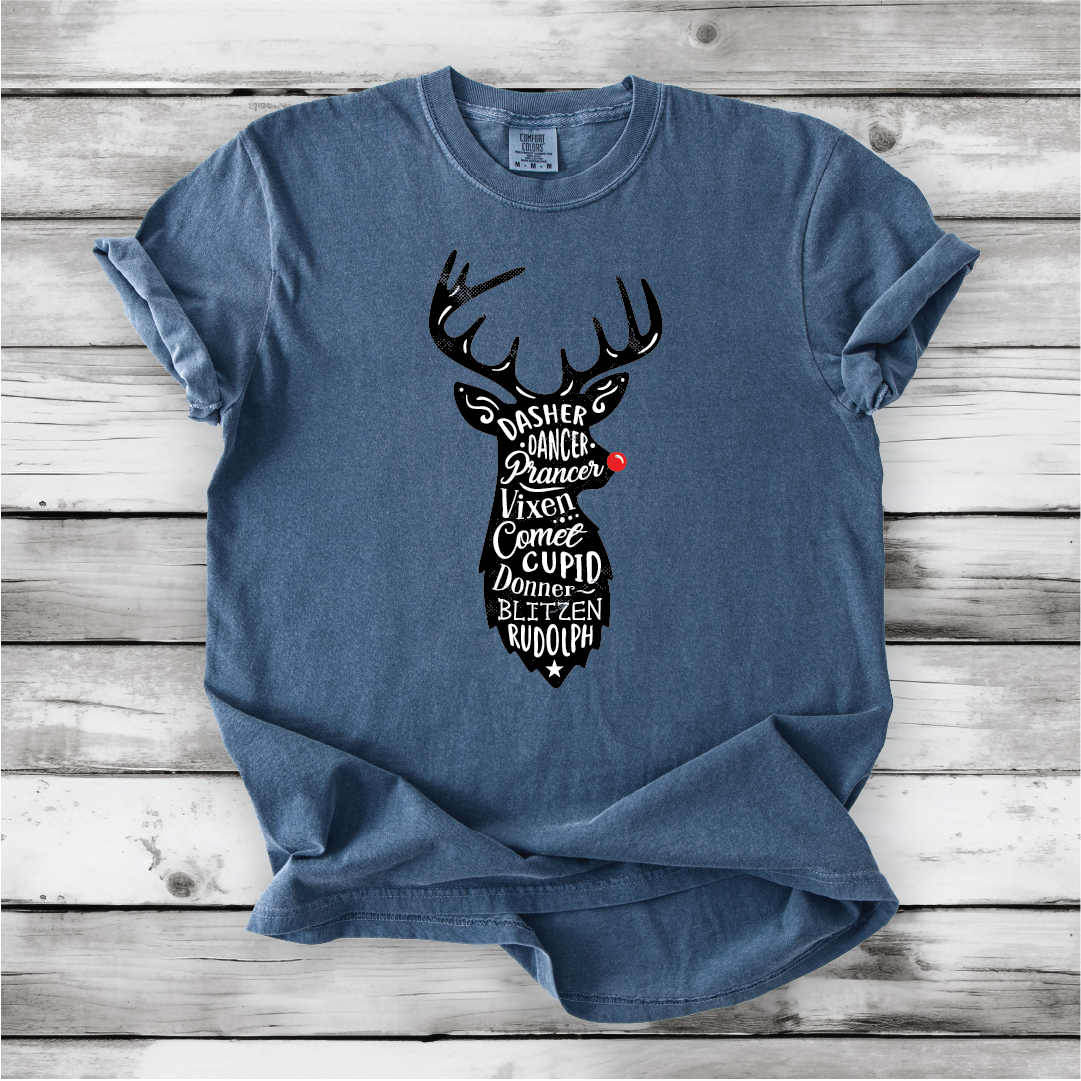 Cute Santa's Reindeer Shirt, Festive Holiday Apparel with all of Santa's Reindeer, Perfect gift for Christmas - Comfort Colors