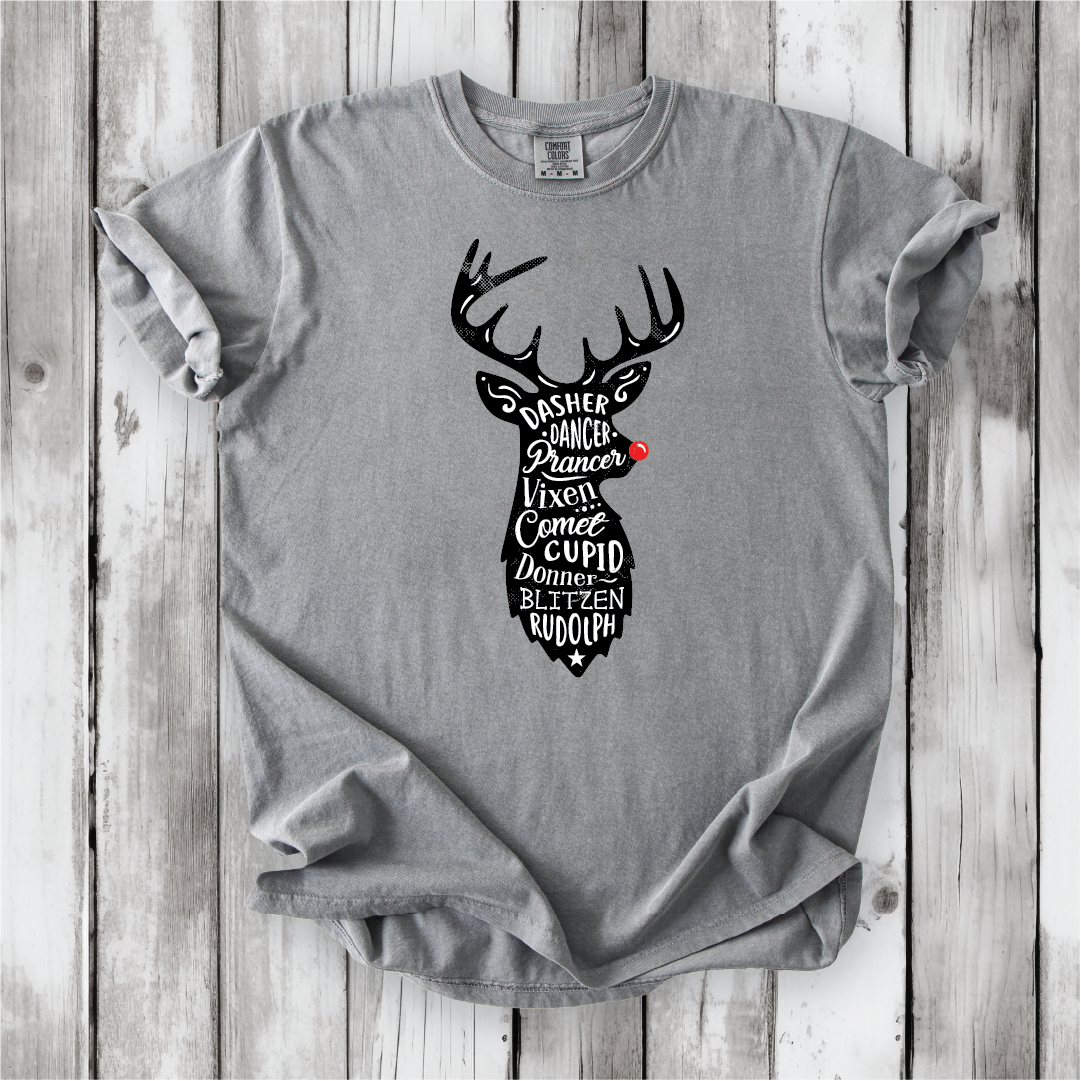Cute Santa's Reindeer Shirt, Festive Holiday Apparel with all of Santa's Reindeer, Perfect gift for Christmas - Comfort Colors