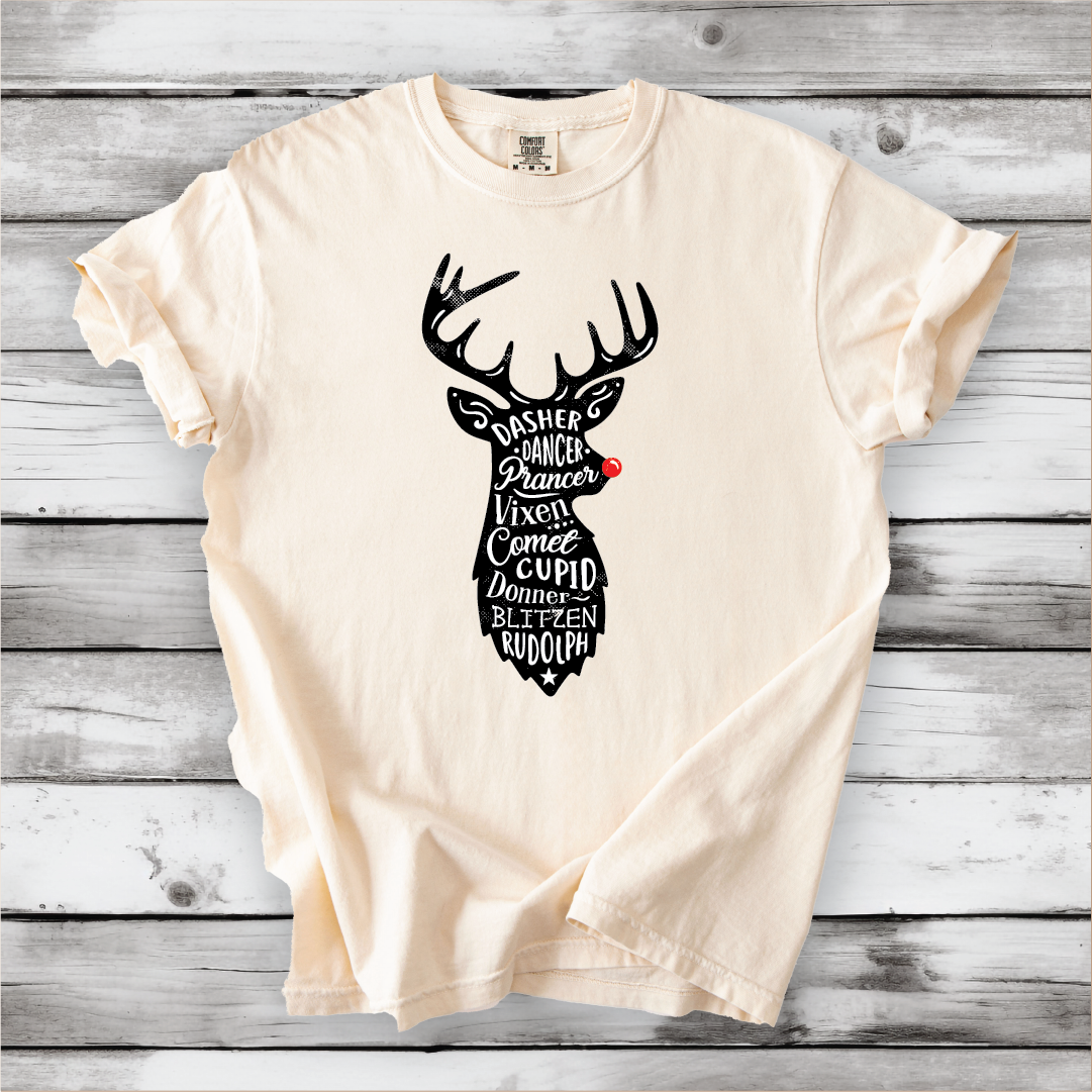 Cute Santa's Reindeer Shirt, Festive Holiday Apparel with all of Santa's Reindeer, Perfect gift for Christmas - Comfort Colors