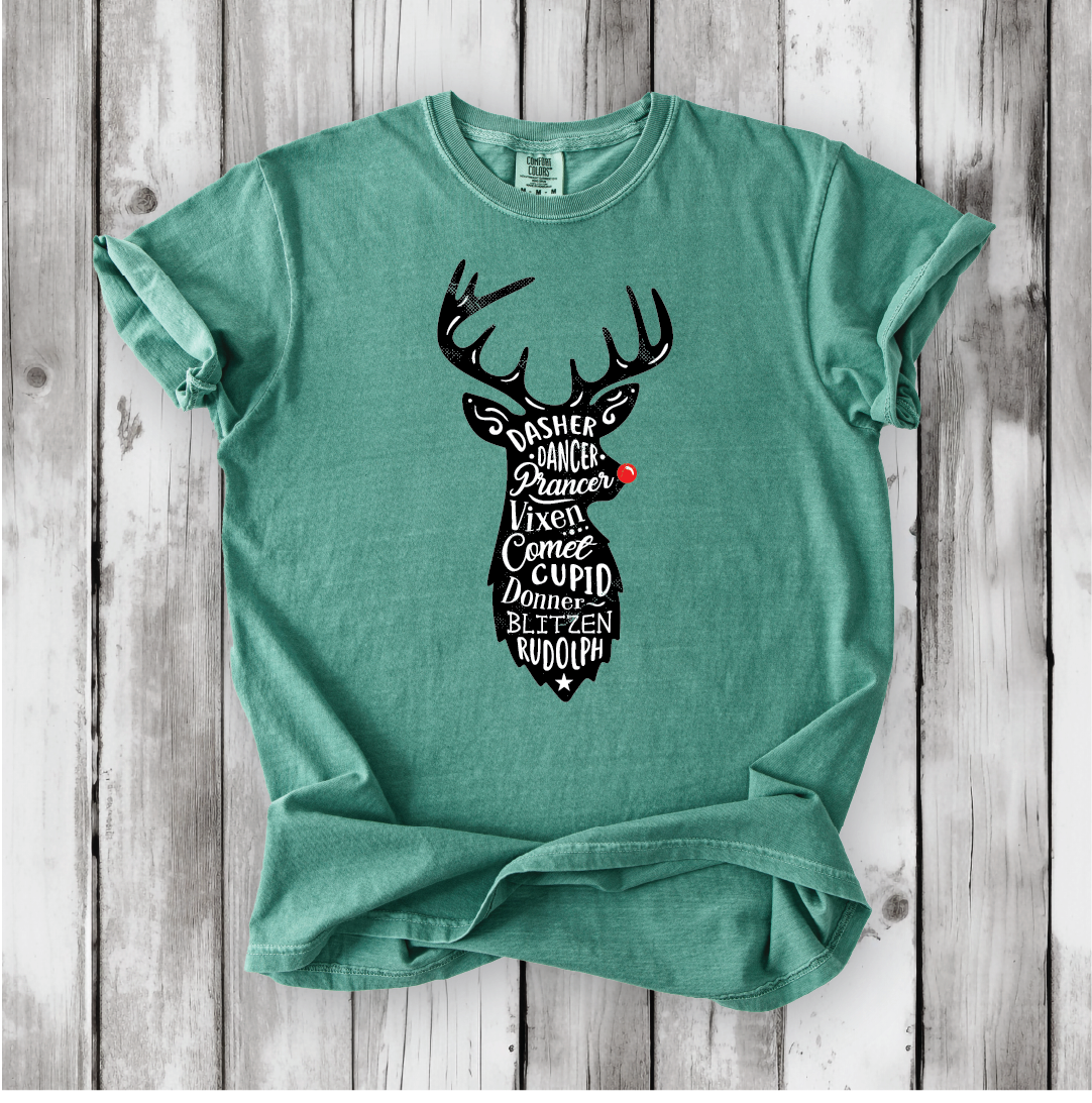 Cute Santa's Reindeer Shirt, Festive Holiday Apparel with all of Santa's Reindeer, Perfect gift for Christmas - Comfort Colors