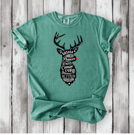 Cute Santa's Reindeer Shirt, Festive Holiday Apparel with all of Santa's Reindeer, Perfect gift for Christmas - Comfort Colors