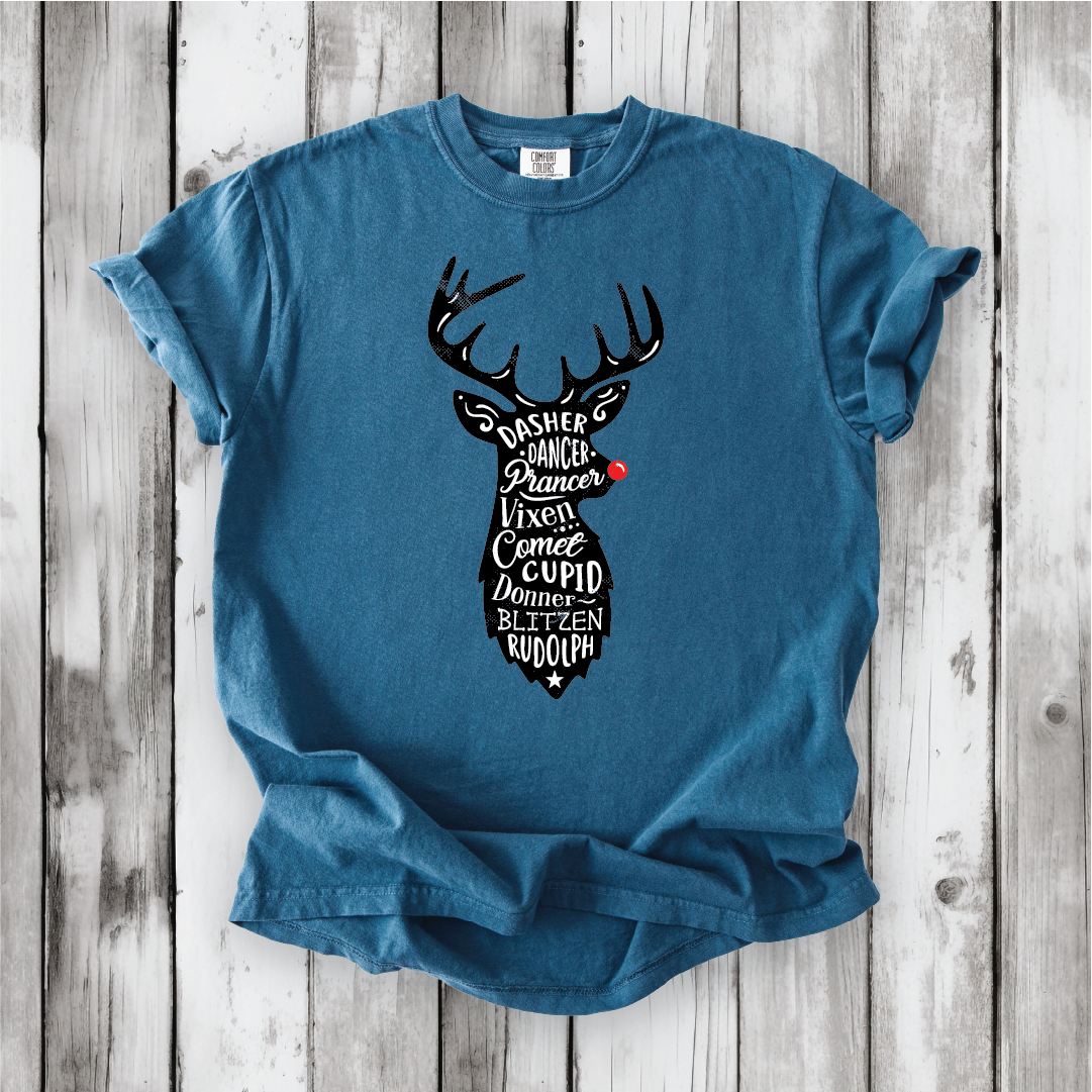 Cute Santa's Reindeer Shirt, Festive Holiday Apparel with all of Santa's Reindeer, Perfect gift for Christmas - Comfort Colors