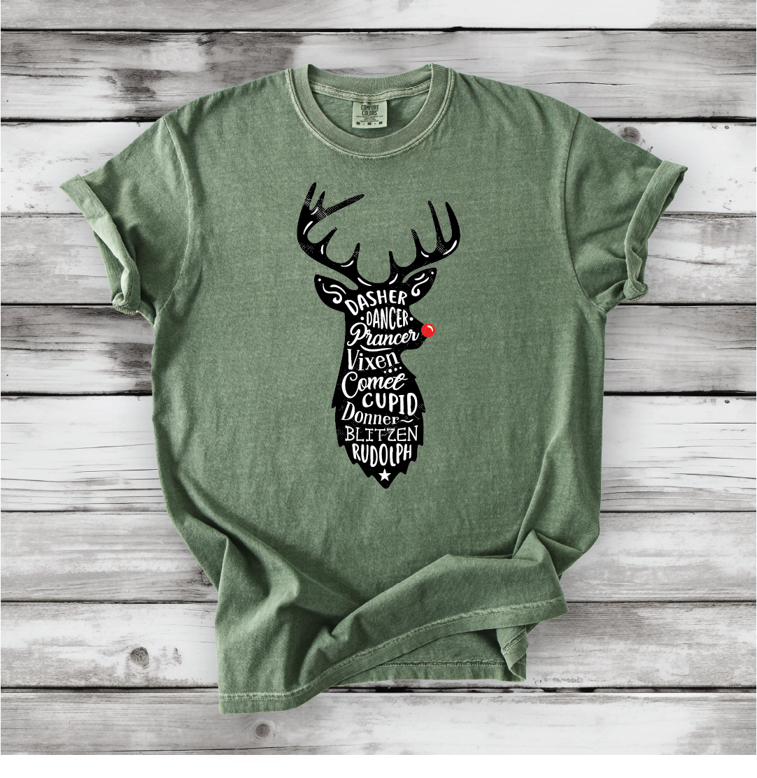 Cute Santa's Reindeer Shirt, Festive Holiday Apparel with all of Santa's Reindeer, Perfect gift for Christmas - Comfort Colors