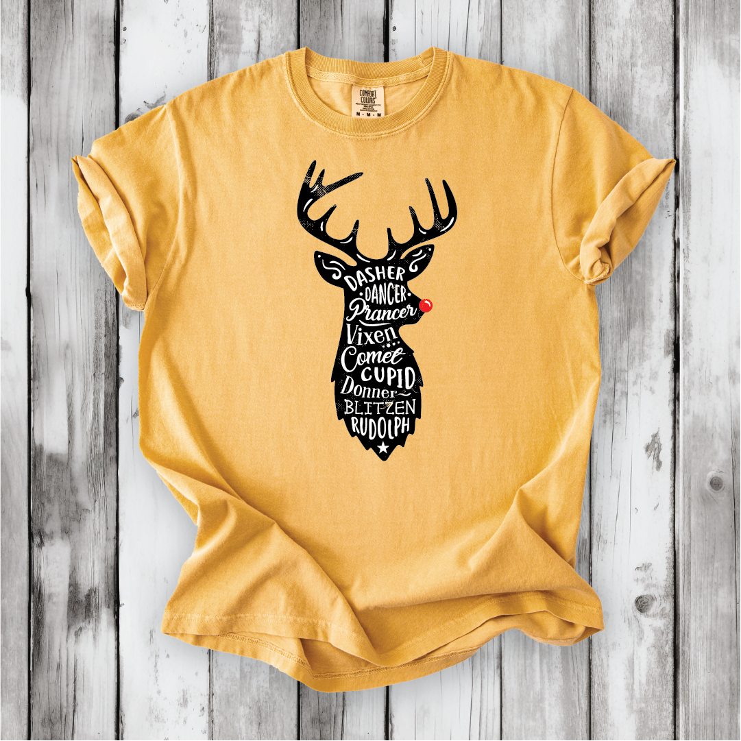 Cute Santa's Reindeer Shirt, Festive Holiday Apparel with all of Santa's Reindeer, Perfect gift for Christmas - Comfort Colors
