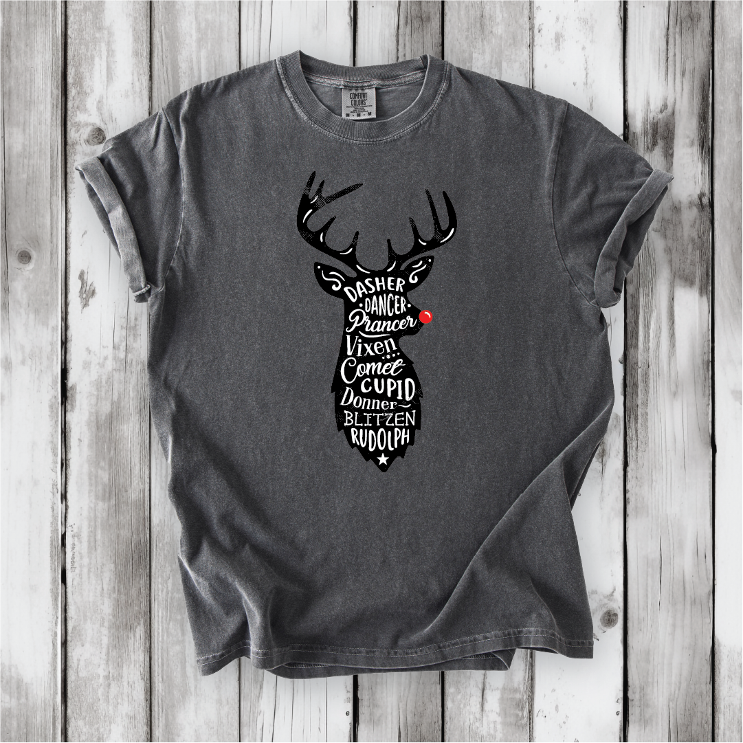 Cute Santa's Reindeer Shirt, Festive Holiday Apparel with all of Santa's Reindeer, Perfect gift for Christmas - Comfort Colors