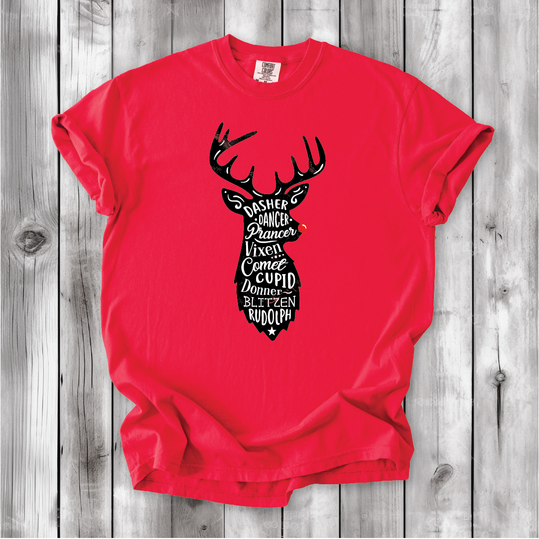 Cute Santa's Reindeer Shirt, Festive Holiday Apparel with all of Santa's Reindeer, Perfect gift for Christmas - Comfort Colors