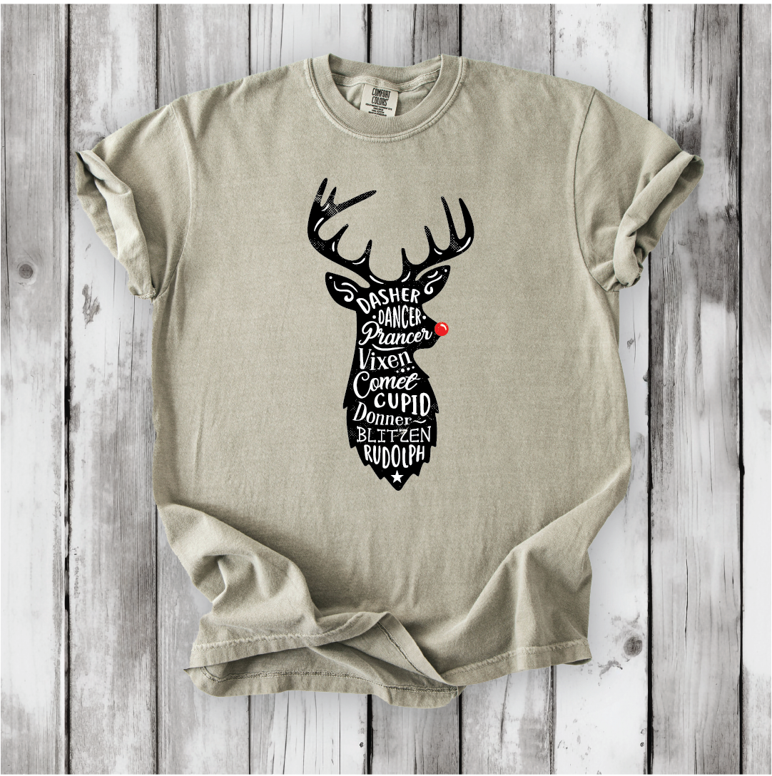 Cute Santa's Reindeer Shirt, Festive Holiday Apparel with all of Santa's Reindeer, Perfect gift for Christmas - Comfort Colors